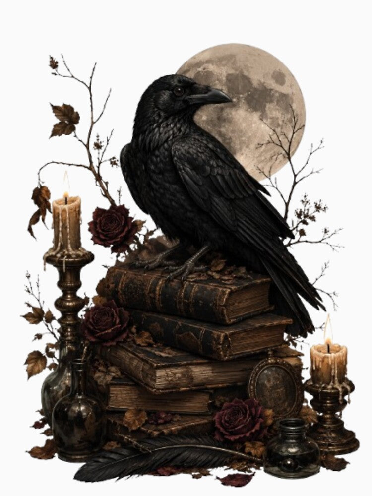 Dark Academia Raven | Gothic Books & Candles | Vintage Moonlight Illustration | Gothic Aesthetic Art by Trendykunnu