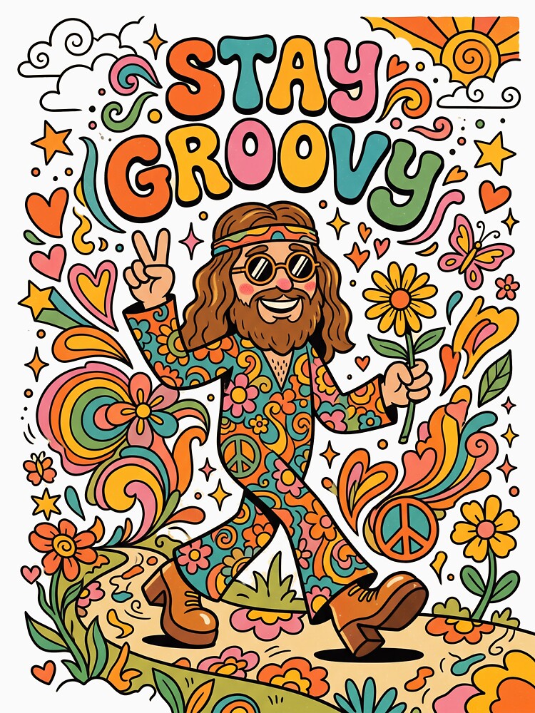 Stay Groovy Hippie Peace Sign Retro Mascot Poster Design by misbahsiro