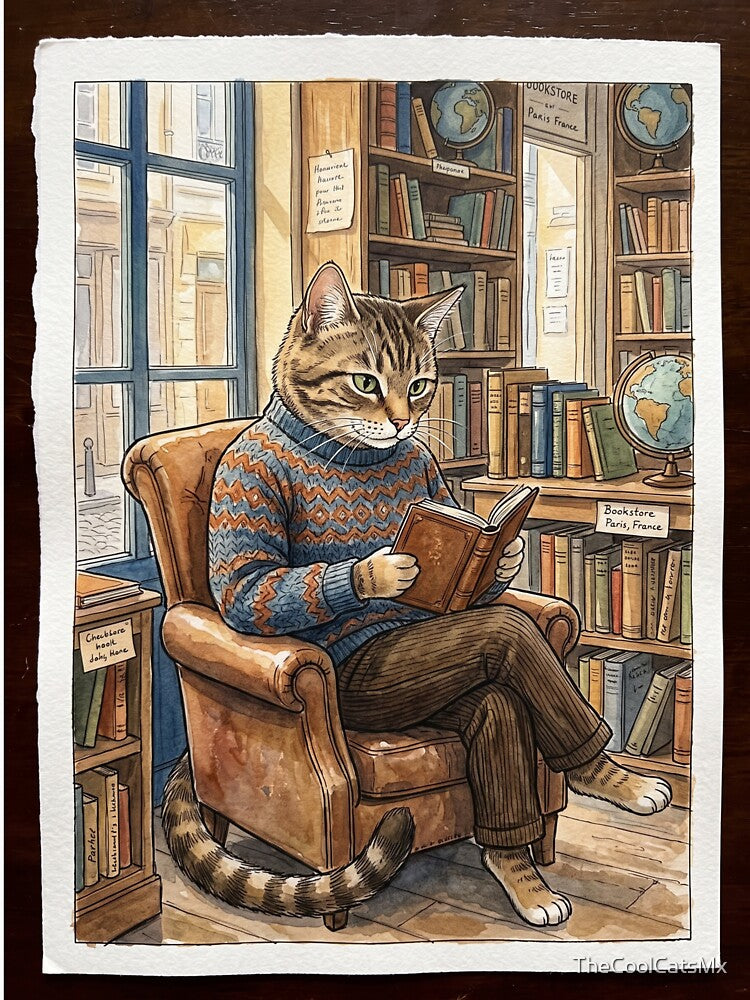 Cat reading a book in a cozy Paris bookstore, watercolor by TheCoolCatsMx