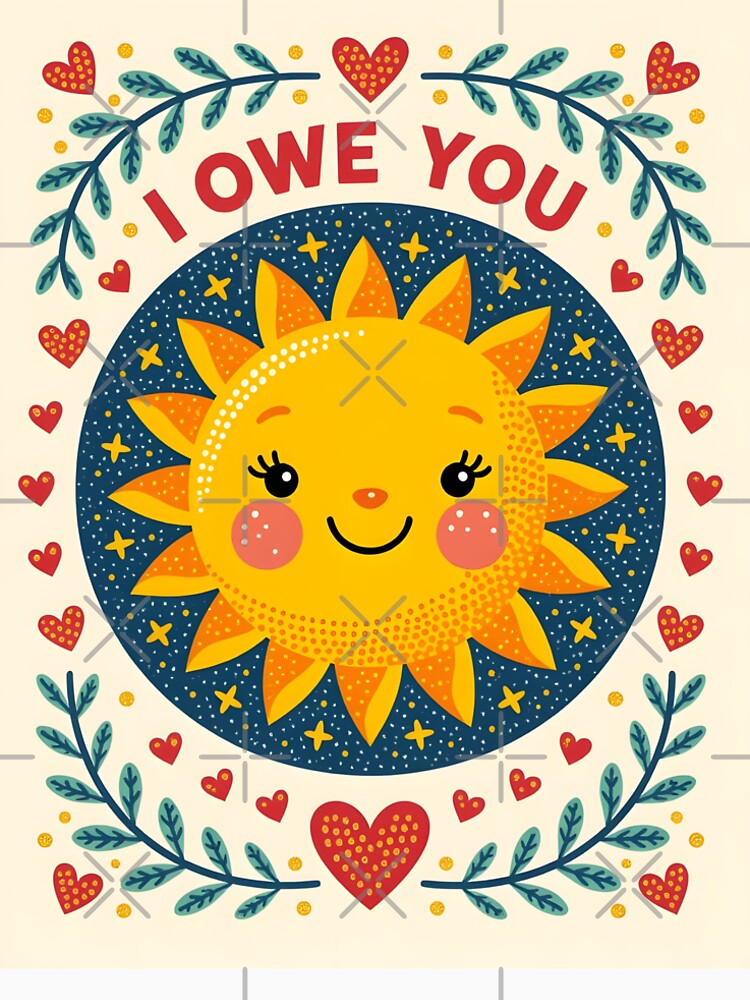 “I OWE YOU “ In the center, a cute smiling sun, surrounded by little glittering hearts. by Ponted