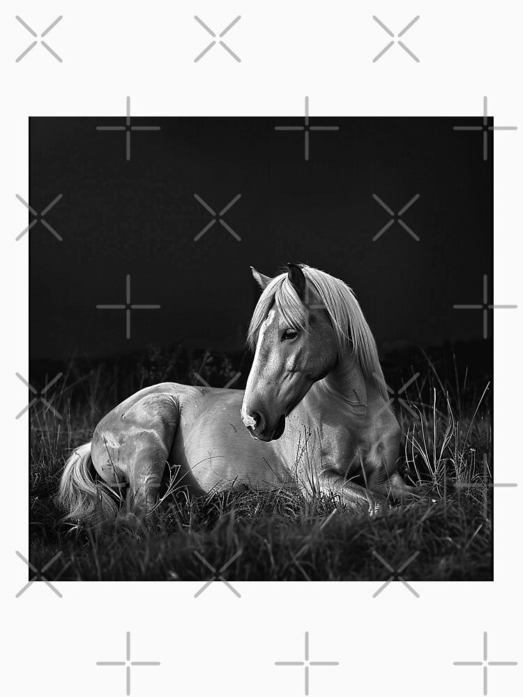 Resting White Horse Black and White Equine Portrait by inkoutninja