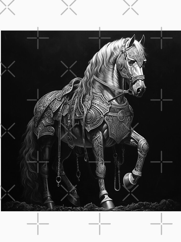 Armored War Horse – Black and White Medieval Fantasy Equestrian Art by inkoutninja