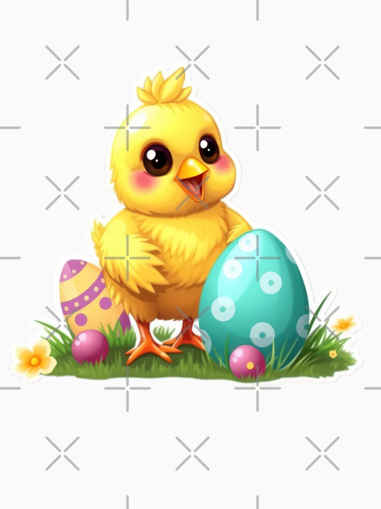 cute Easter yellow chicken with colored eggs Sticker,cute easter,Happy Easter,Easter Day,easter illustration by Expressions-Sel