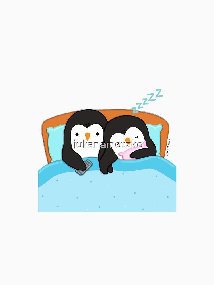 Couple of penguins watching tv in the bed before sleeping by julianamotzko