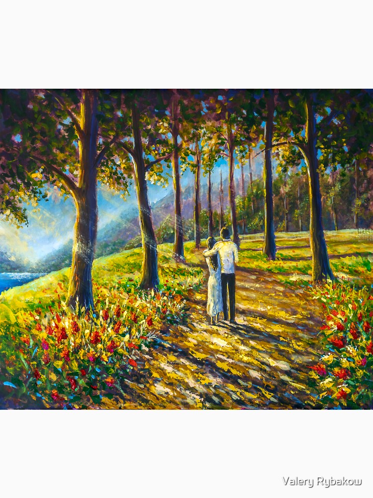 Romantic couple walking in sunny park forest painting. Painting by Valery Rybakou by rybakowvalery