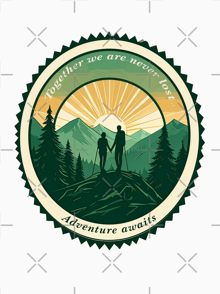 Together we are never lost couple hiking badge sunset mountain print by icemanphotos