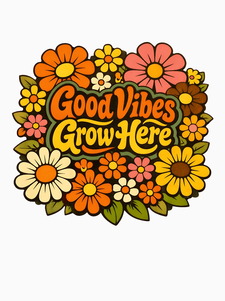 Good Vibes Grow Here Retro Floral Groovy Typography T-Shirt Design by FestivityFinds