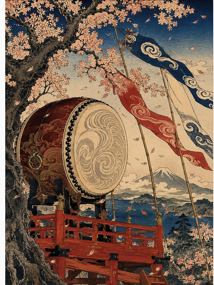 Sacred Drum Echo - Vintage Japanese Spring Festival Ukiyo-e Woodblock by bapupa