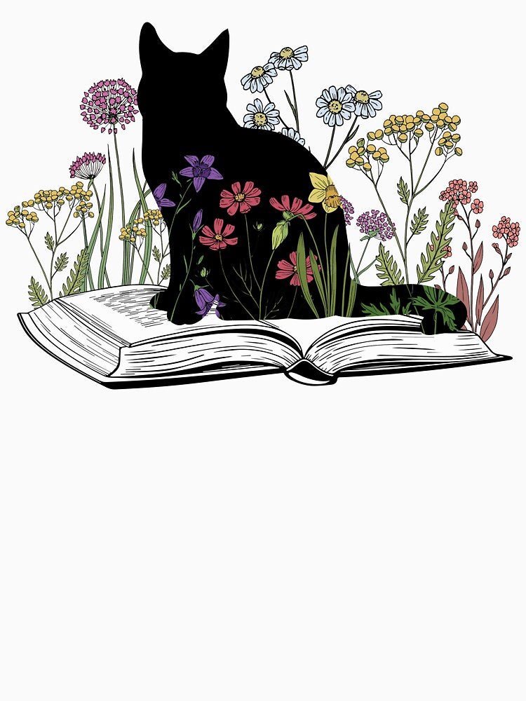 Black Cat sitting on a book, surrounded by flowers, gift for Book Lover by JuliaPop