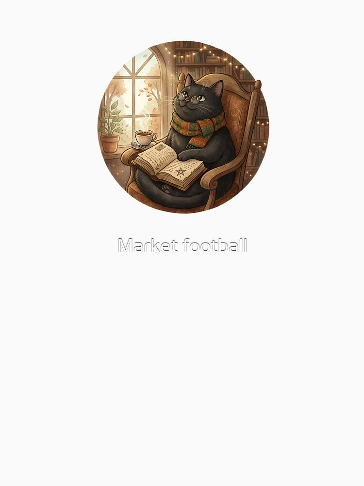 Cozy Dark Academia Cat Reading Book with Coffee Illustration by Market football