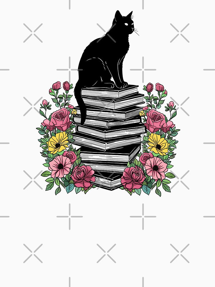 Bookish Black Cat on Books with Flowers – Cozy Reader Illustration by WildLakePatterns