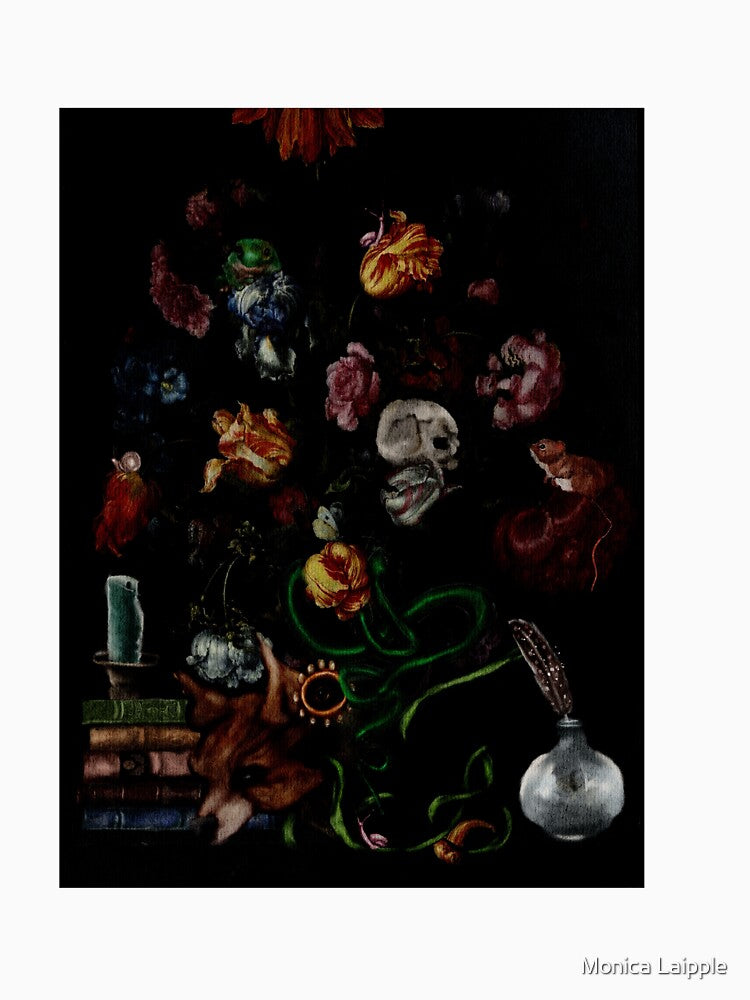 Goblincore Fine Art Gothic Still Life Watercolor Library Books, Frog, Skull, and snail with heirloom roses and Tulips: Halloween art by Monica Laipple