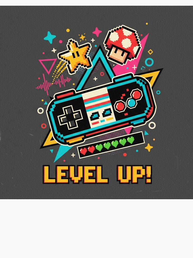 Retro Gaming Controller Power-Up Design - 8-Bit Pixel Art Video Game Graphic - Level Up Gamer Gift by Wordoncloth