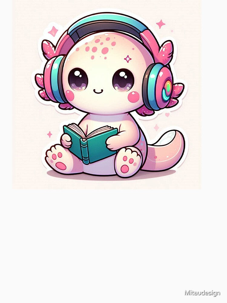 Cute Kawaii Axolotl Cat Reading a Book with Headphones – Cozy Pastel Sticker by Mitaudesign