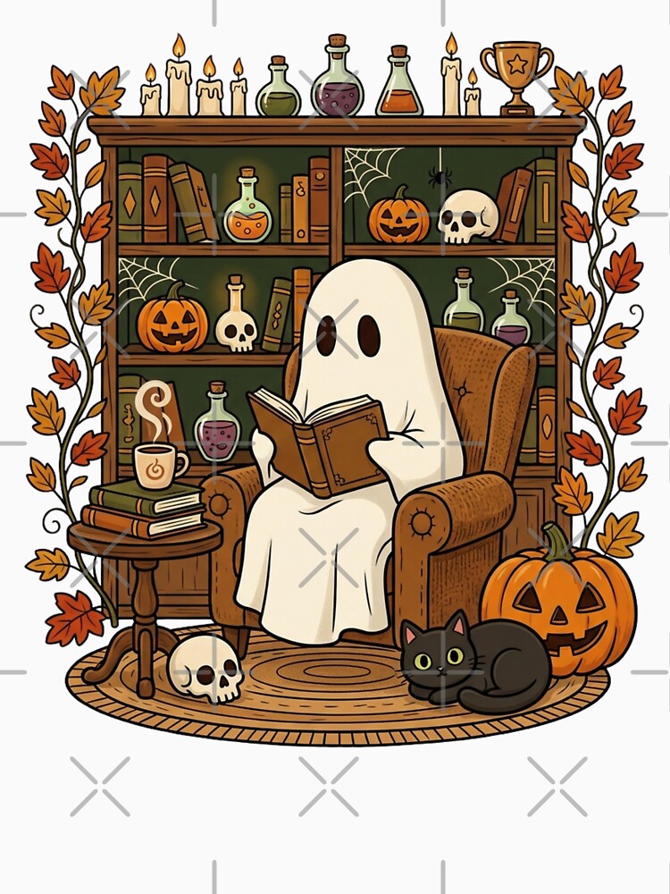 Cozy Ghost Reading Book In Haunted Library Halloween Aesthetic by raedattia