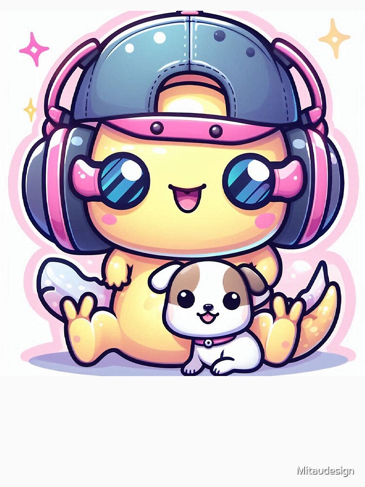 Cute Kawaii Axolotl Astronaut Hugging a Puppy with Headphones by Mitaudesign