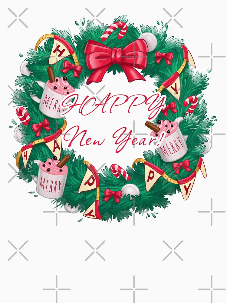 Happy New Year wreath and bow and decorative red ribbon and bow, garland and toys by AnnaRuz
