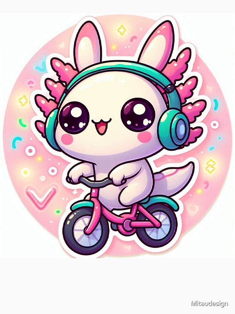 Cute Kawaii Axolotl Bunny Riding Bicycle with Headphones by Mitaudesign