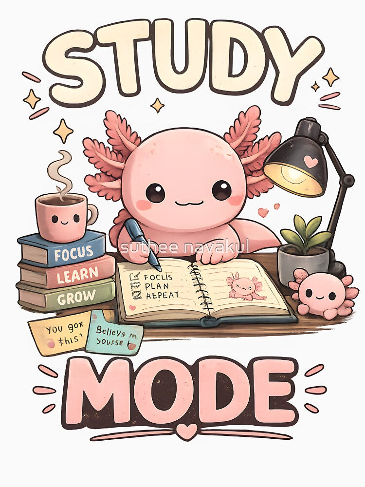 Cute Axolotl Study Mode Kawaii Study Buddy Aesthetic Student Design by suthee navakul