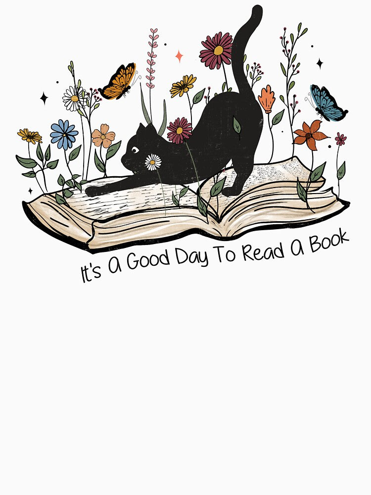 It's a good day to read a book, cat stretching on a book, boho floral gift for Book Lover by JuliaPop