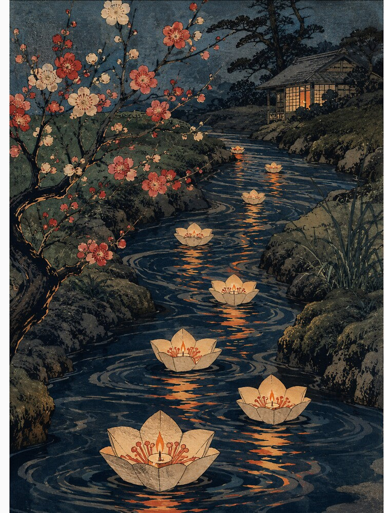 Lantern River Drift - Vintage Japanese Spring Festival Ukiyo-e Woodblock by bapupa