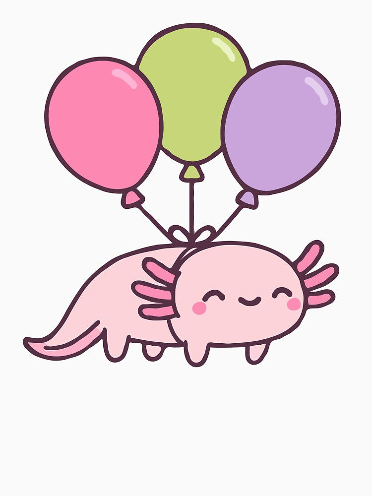 Kawaii Axolotl with Balloons – Cute Floating Axolotl Cartoon, Pastel Animal Lover Gift, Adorable Amphibian Sticker Design by BrainBubbleArt