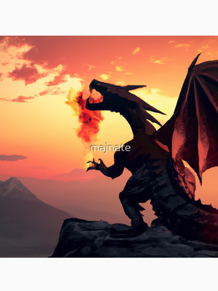 Dragon's inferno: A dragon in all its glory, letting out the fire breath surrounded by the beautiful mountain range and the orange hues of the setting sun by majnate