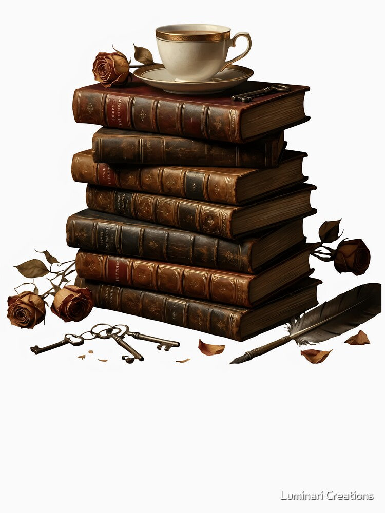 Vintage Books Stack Tea Coffee – Classic Literature Reader Bibliophile Cozy Reading Gift Design by Luminari Creations