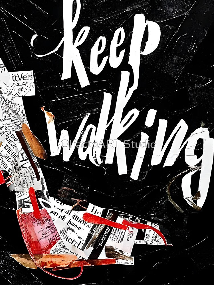 Women Empowerment Art with Newspaper, High Heel and Bold Keep Walking Message by OlfactoART Studio