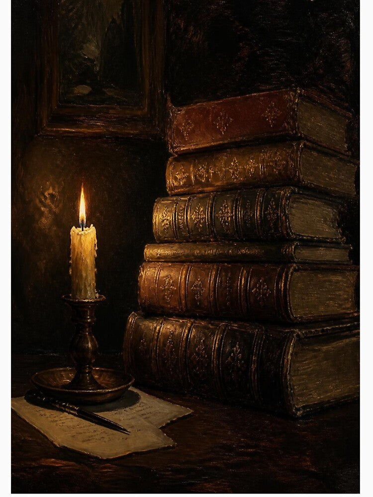 Dark Academia Vintage Leather Bookstack Oil Painting Art Print by Gameshalah's Designs Hub