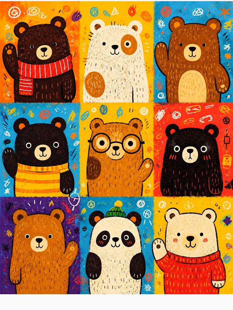 Colorful Pop Art Bear Grid Illustration | Cute Whimsical Cartoon Bear Pattern by Peanutspixel
