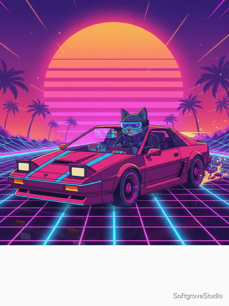 Synthwave Cat Cruiser at Neon Sunset by SoftgroveStudio
