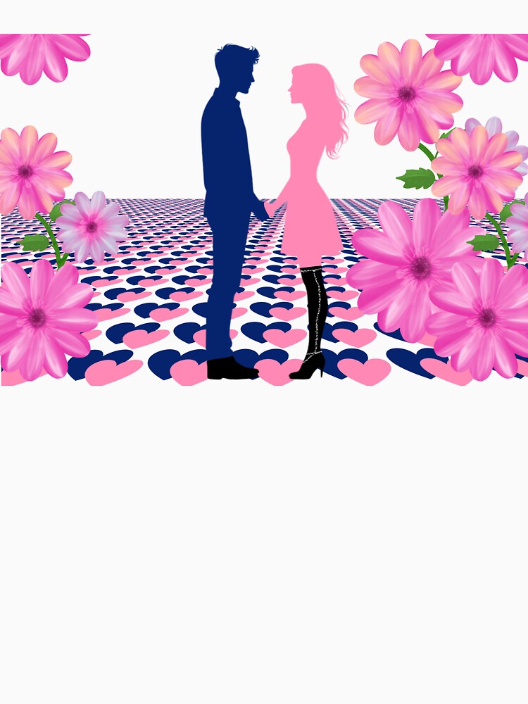 Romantic Couple Silhouette with Pink Flowers and Heart Floor by MigWhimsy