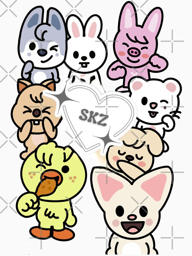 SKZOO WolfChan Leebit Dwaekki Jiniret HANQOUKKA Bbokkari PuppyM FoxI.NY shirt KARMA stray kids stay images group bang chan lee know changbin hyunjin han felix seungmin jeongin kpop skzoo by Kpop-Noona