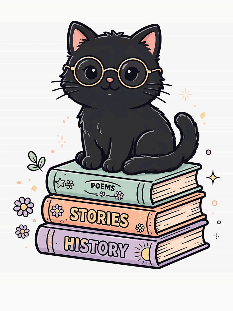 Cute Black Cat Reading Books Aesthetic by Fulaly