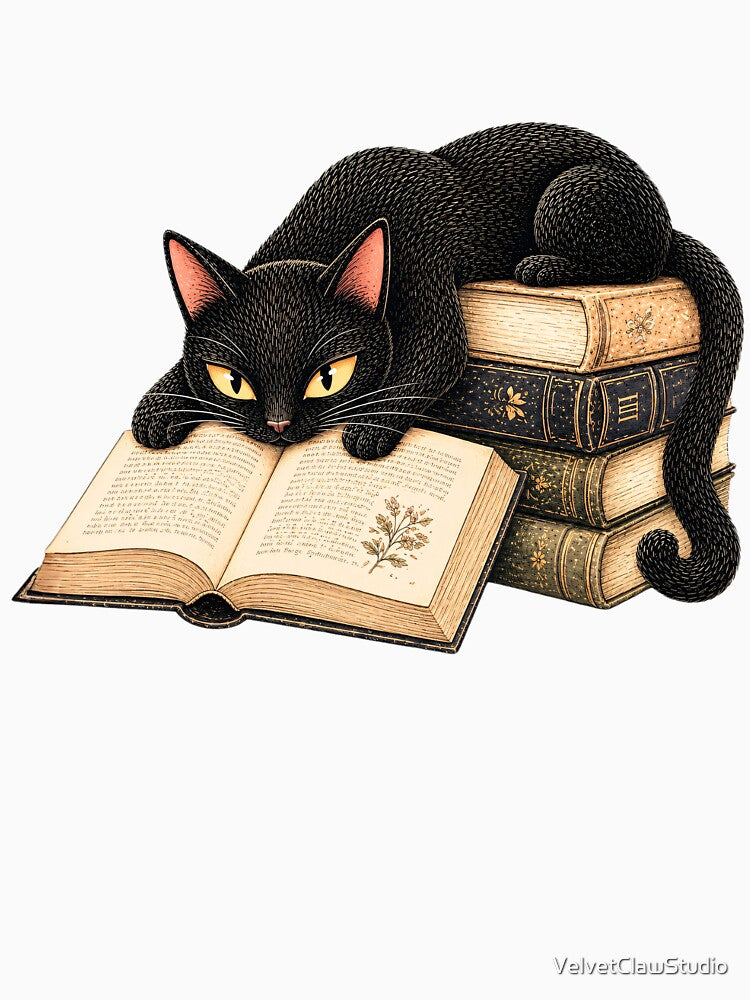 Black Cat Reading Books Sticker. Cozy Book Lover Cat Illustration by VelvetClawStudio