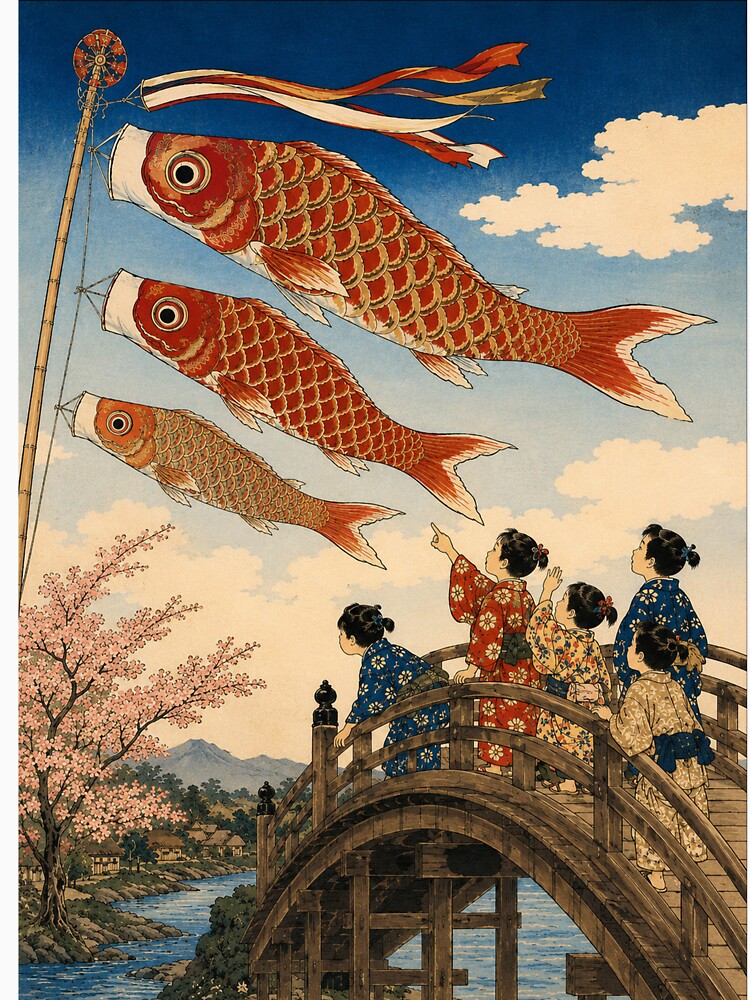 Golden Koi Streamers - Vintage Japanese Spring Festival Ukiyo-e Woodblock by bapupa