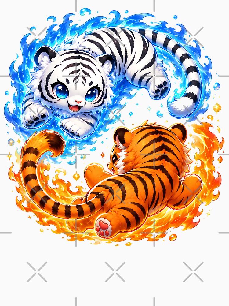 Kawaii Fire and Ice Tigers | Cute Elemental Tiger Yin Yang Fantasy Design by Extravanganzza