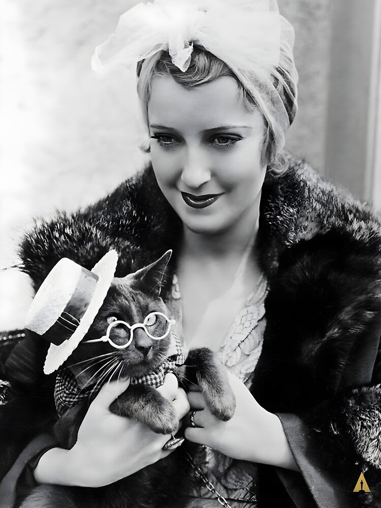 1932 American actress and singer Jeanette MacDonald with her cat named Pussumus vintage cat lady photograph poster art print by Astrid Arkhangelsky