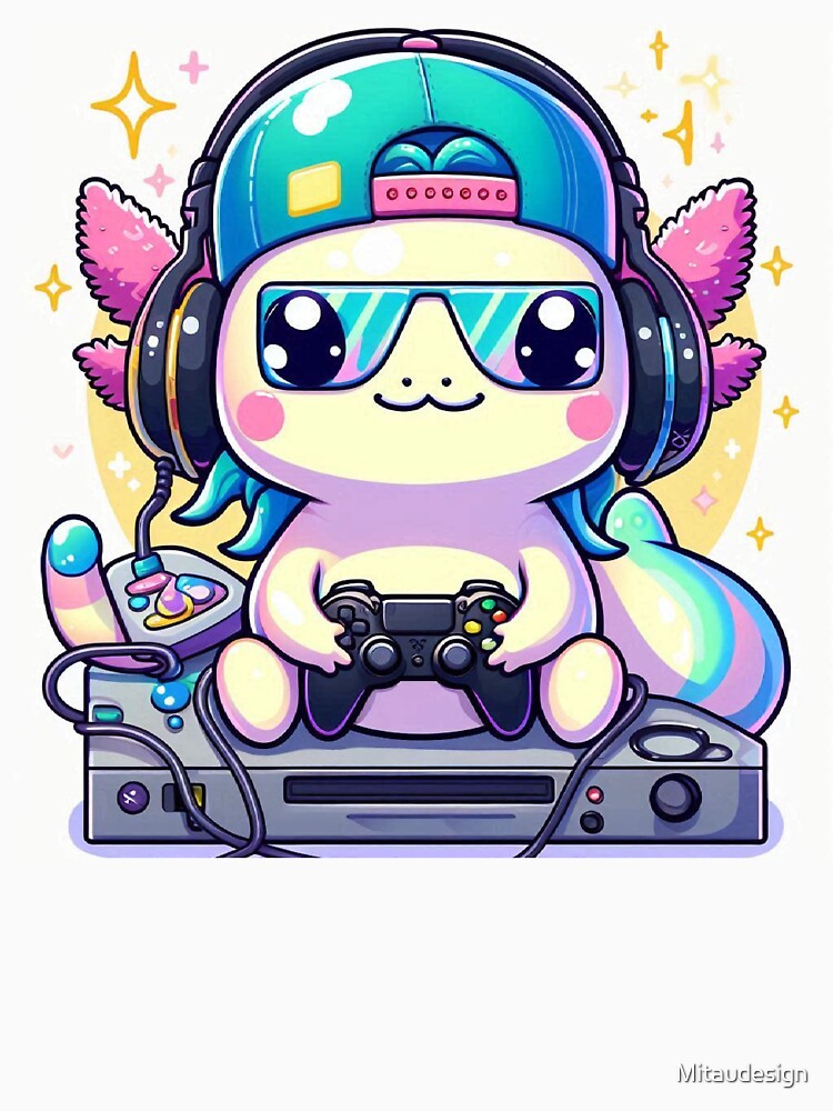 Cute Kawaii Axolotl Astronaut Playing Video Games with Headphones by Mitaudesign