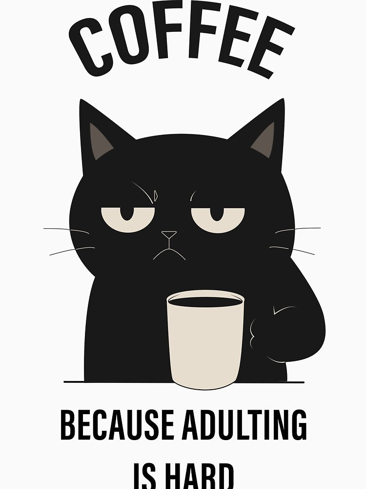 Funny Grumpy Black Cat with Coffee Cup Illustration by DesignbyAnnaM