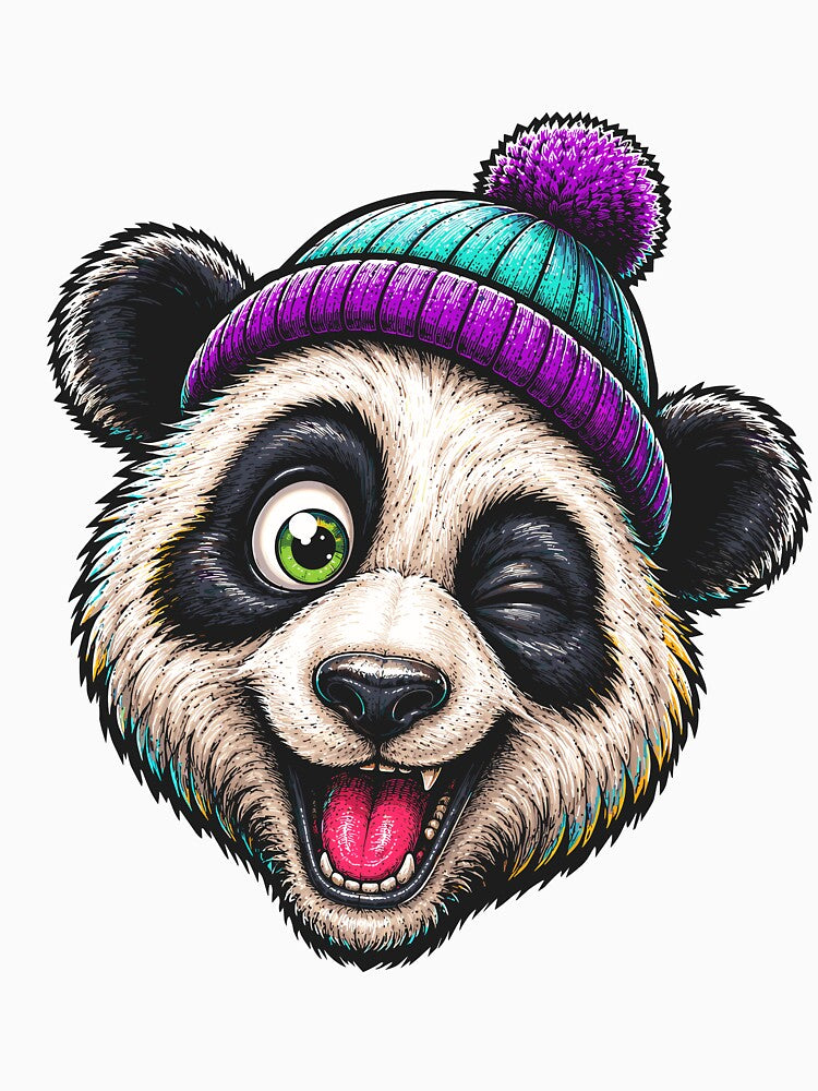 Funny Winking Panda Wearing Colorful Winter Beanie Cute Street Style Graphic by Krincydigitalart