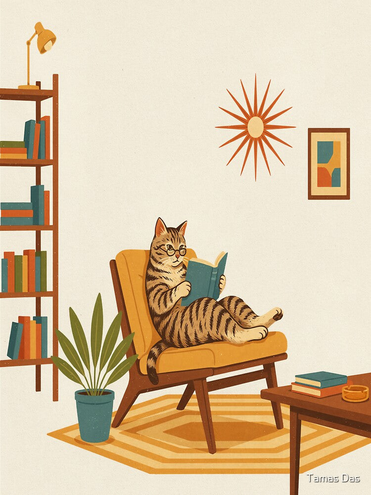 Mid Century Reading Cat Poster | Retro 1950s Modern Book Lover Wall Art | Vintage MCM Cat Illustration by Tamas Das