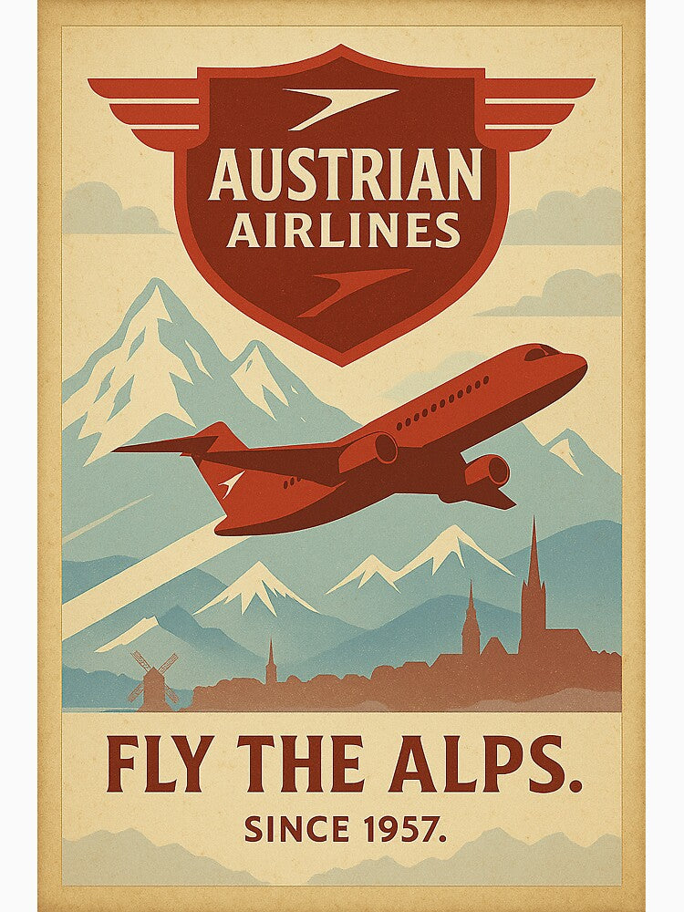Austrian Airlines Vintage Poster Fly the Alps by Skyframe Aviation