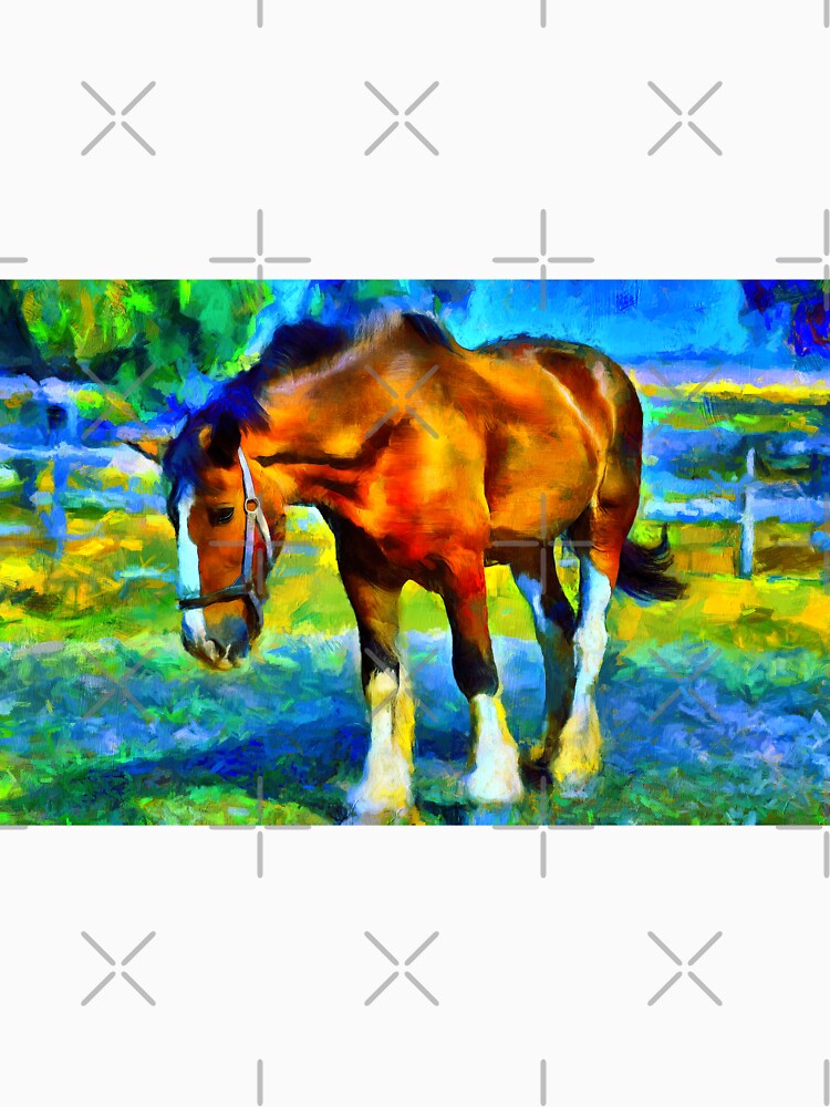 Brown shire horse outside, on a colorful blue and green background by NickoPrints