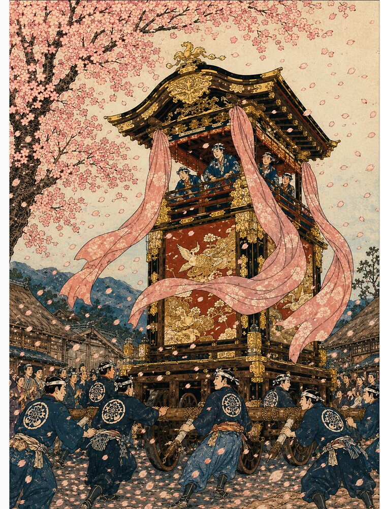 Floral Procession - Vintage Japanese Spring Festival Ukiyo-e Woodblock by bapupa