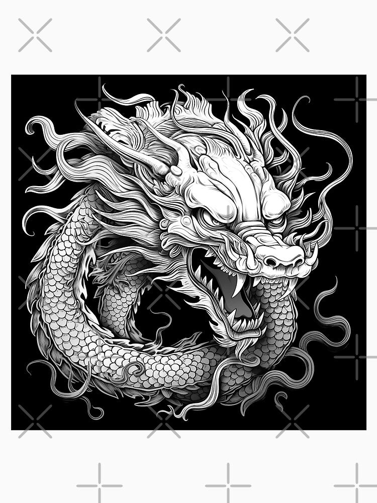Japanese Dragon Black and White Tattoo Style Fantasy Illustration by inkoutninja