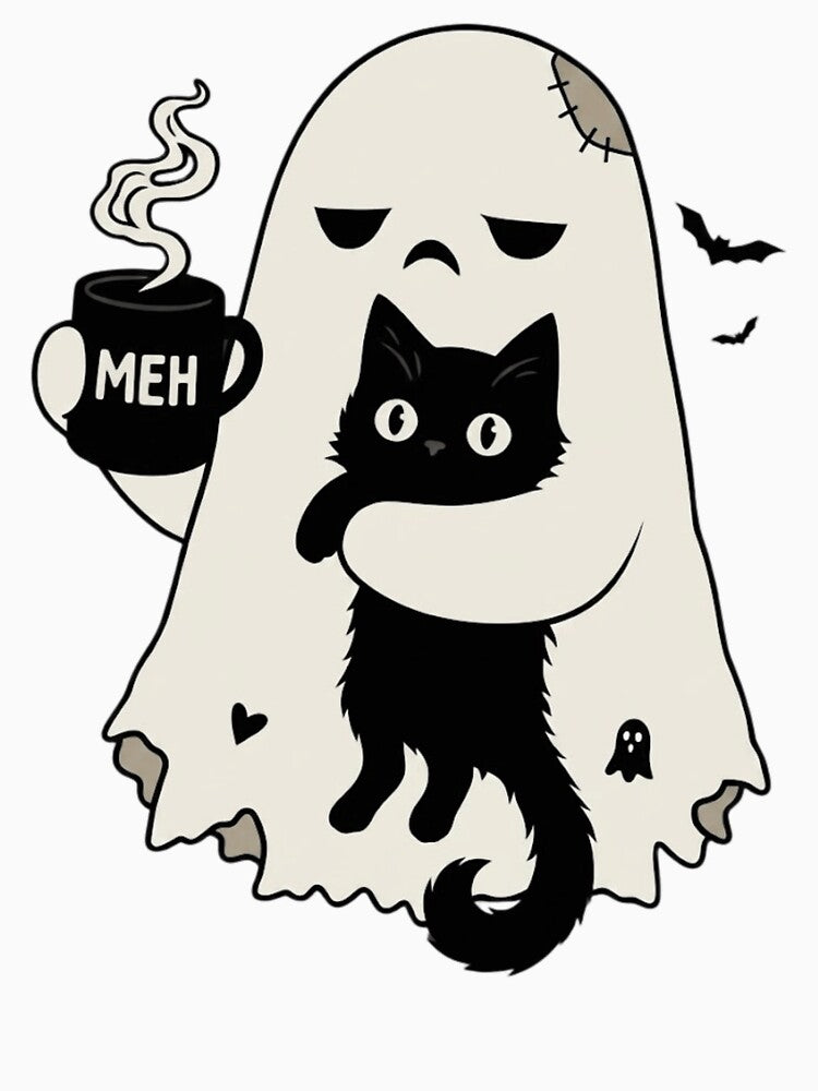 Cute Spooky Ghost Holding Black Cat and Meh Coffee Mug by haitrieuic96