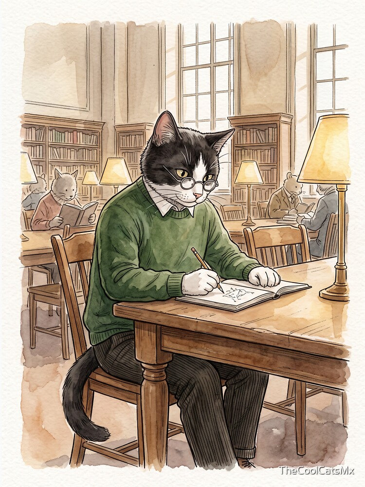 Academic cat studying in the library, watercolor style, cozy by TheCoolCatsMx