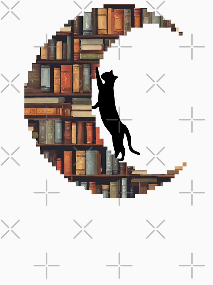 Cat Reaching for the Moon with Bookshelf Design by asudesign